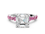 White gold Asscher Cut Diamond Side Stone Solitaire Ring with Round with Pink Sapphire side stone and Four-Prong Setting