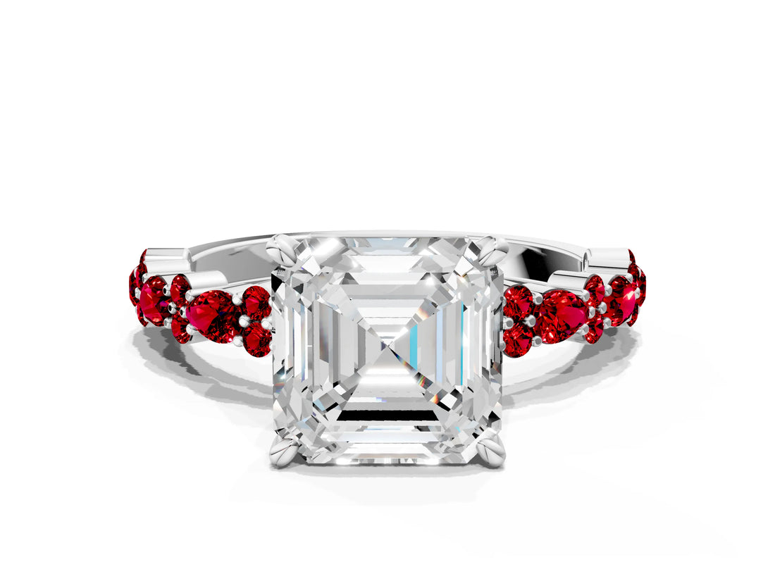 White gold Asscher Cut Diamond Side Stone Solitaire Ring with Round with Ruby side stone and Four-Prong Setting