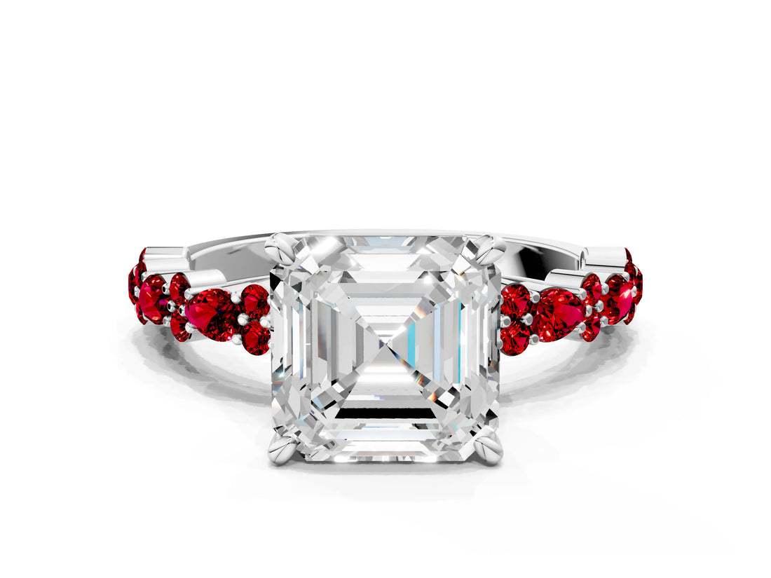 White gold Asscher Cut Diamond Side Stone Solitaire Ring with Round with Ruby side stone and Four-Prong Setting_12