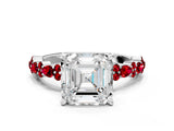 White gold Asscher Cut Diamond Side Stone Solitaire Ring with Round with Ruby side stone and Four-Prong Setting_12