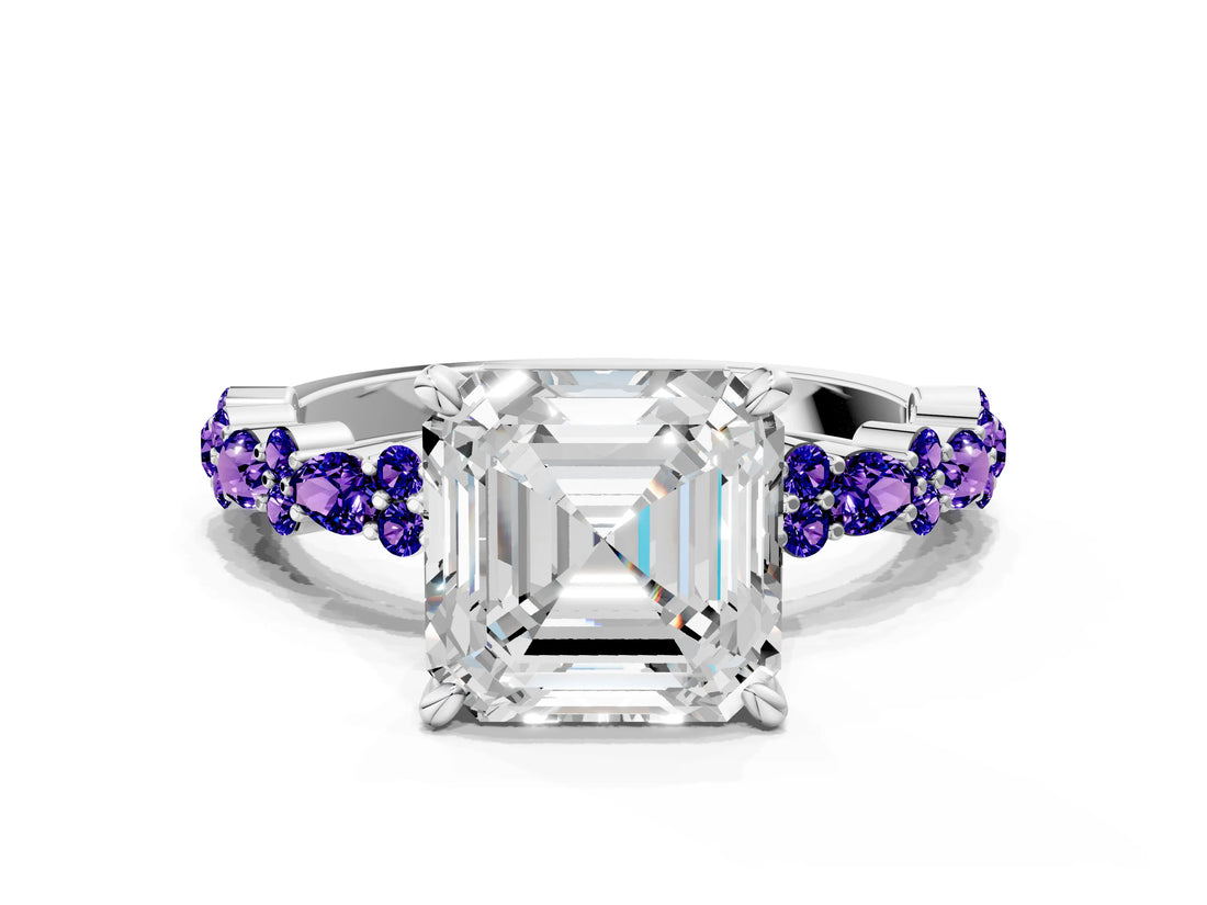 White gold Asscher Cut Diamond Side Stone Solitaire Ring with Round with Tanzanite side stone and Four-Prong Setting