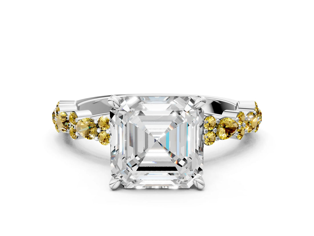 White gold Asscher Cut Diamond Side Stone Solitaire Ring with Round with Yellow Sapphire side stone and Four-Prong Setting