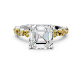 White gold Asscher Cut Diamond Side Stone Solitaire Ring with Round with Yellow Sapphire side stone and Four-Prong Setting