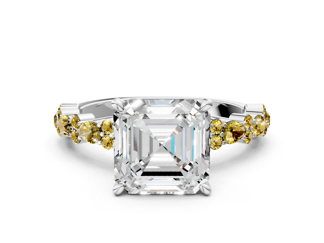 White gold Asscher Cut Diamond Side Stone Solitaire Ring with Round with Yellow Sapphire side stone and Four-Prong Setting_12