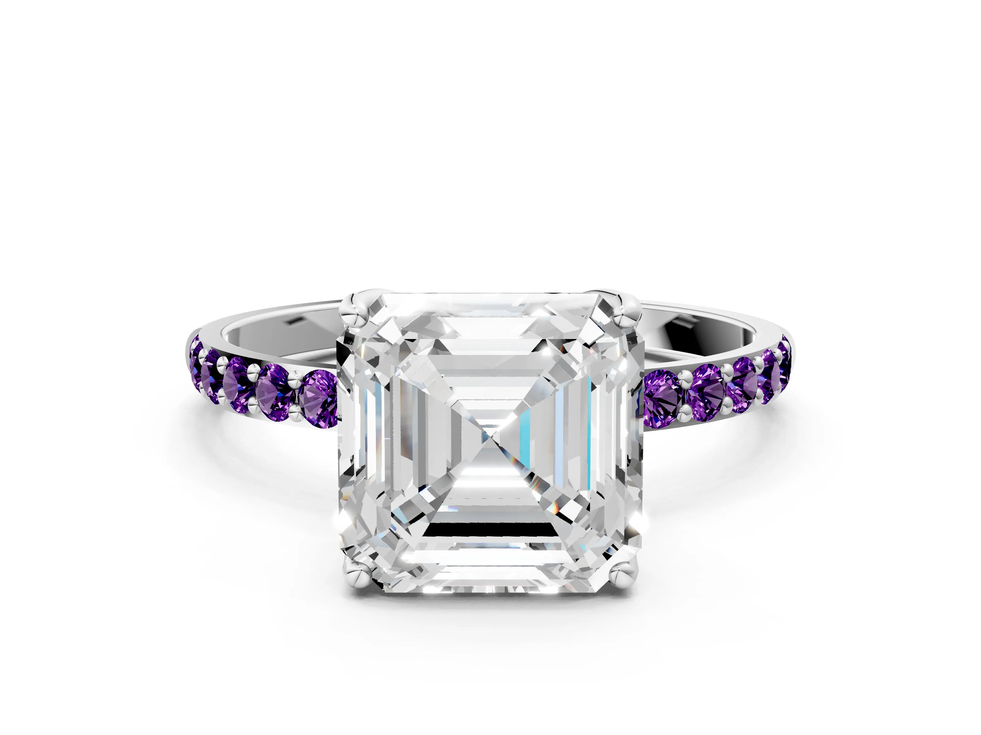 White gold Asscher Cut Diamond Solitaire Engagement Ring with Round with Amethyst side stone Pavé Band and Prong Setting_34