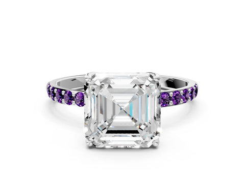 White gold Asscher Cut Diamond Solitaire Engagement Ring with Round with Amethyst side stone Pavé Band and Prong Setting_34
