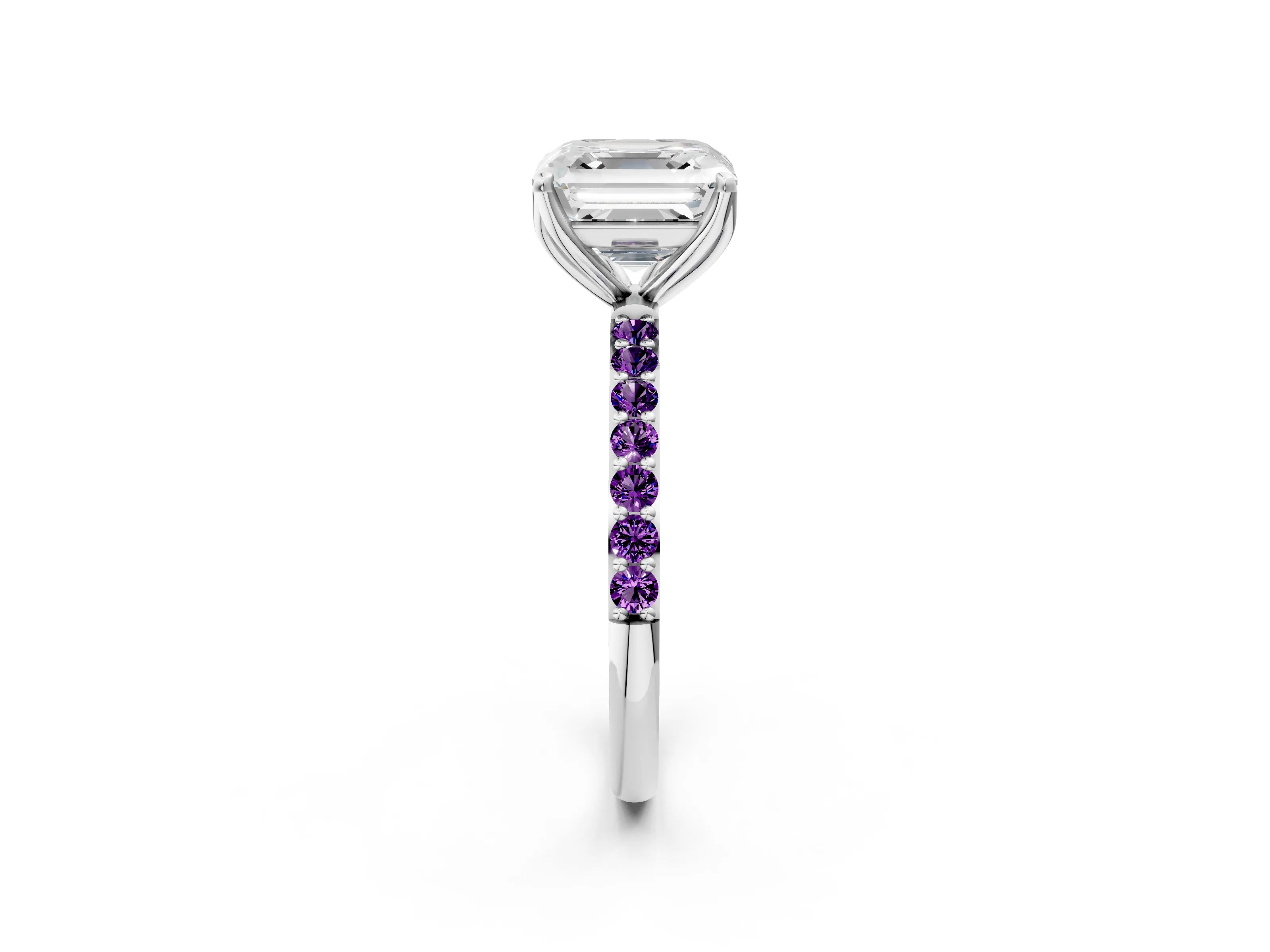 White gold Asscher Cut Diamond Solitaire Engagement Ring with Round with Amethyst side stone Pavé Band and Prong Setting_44