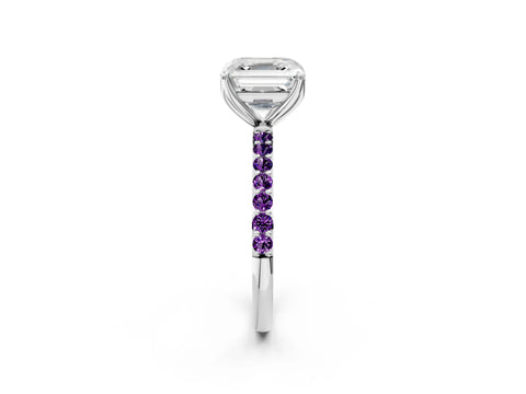 White gold Asscher Cut Diamond Solitaire Engagement Ring with Round with Amethyst side stone Pavé Band and Prong Setting_44