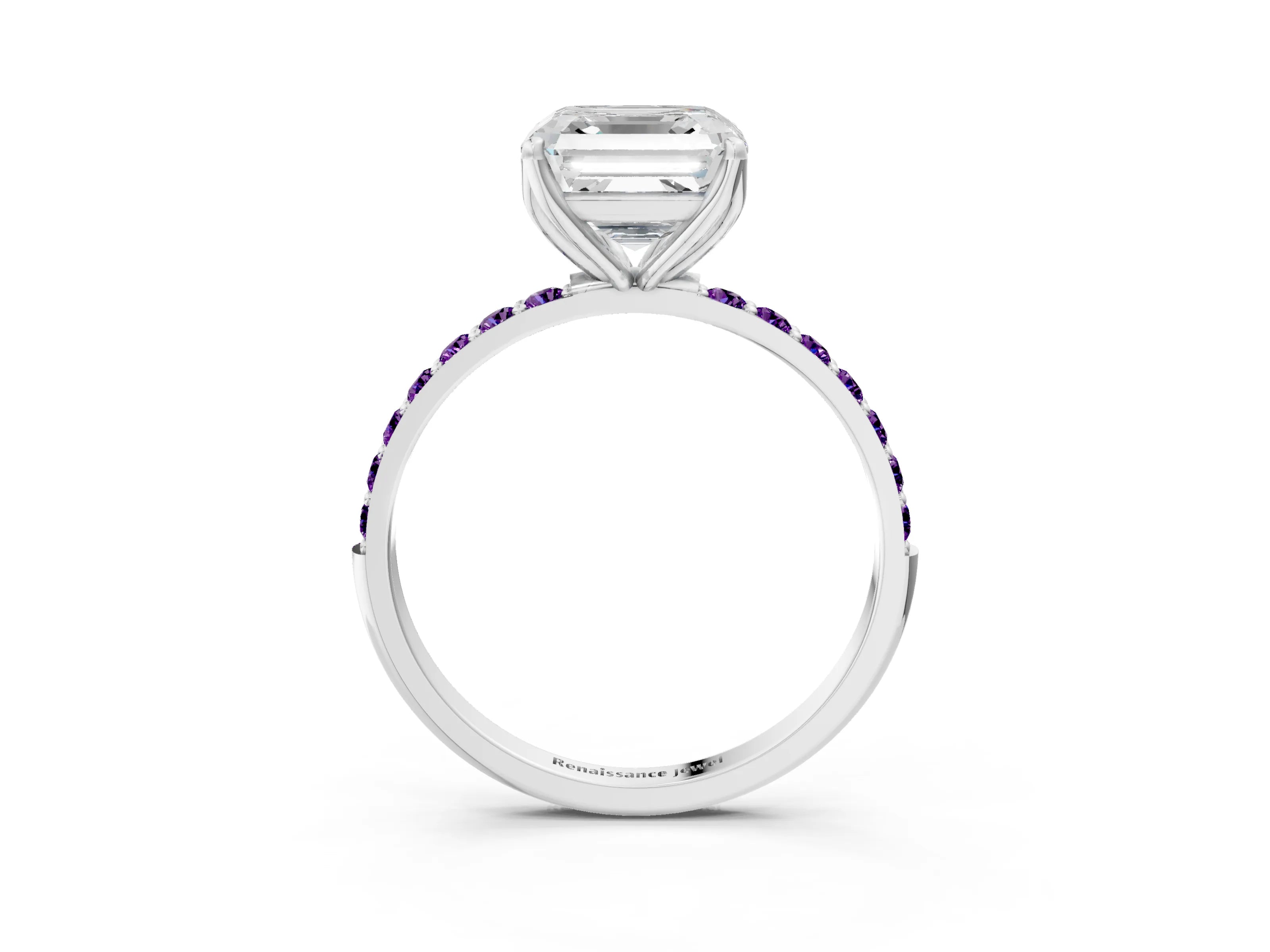 White gold Asscher Cut Diamond Solitaire Engagement Ring with Round with Amethyst side stone Pavé Band and Prong Setting_45