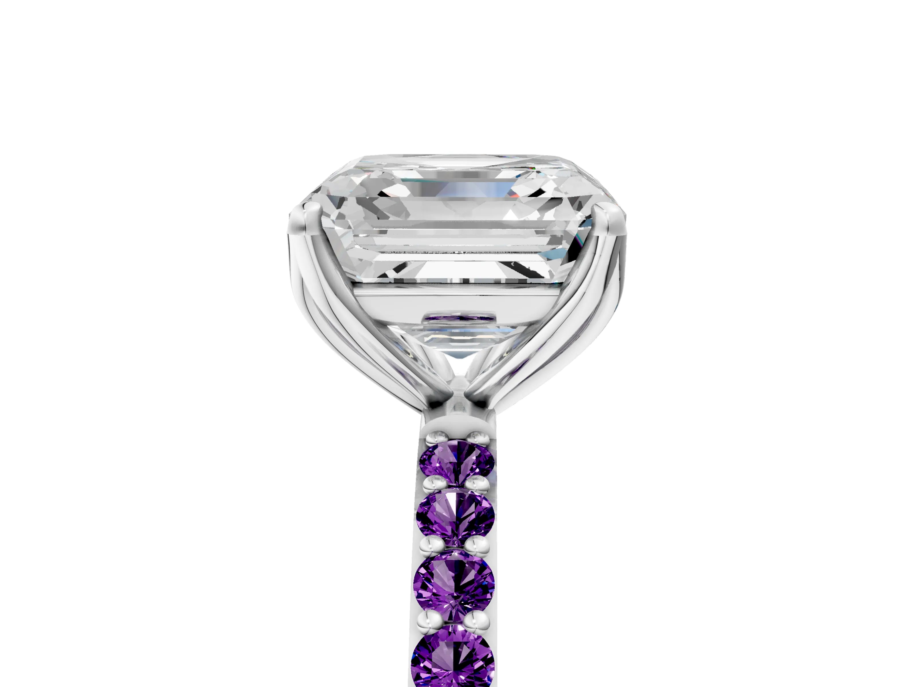 White gold Asscher Cut Diamond Solitaire Engagement Ring with Round with Amethyst side stone Pavé Band and Prong Setting_47