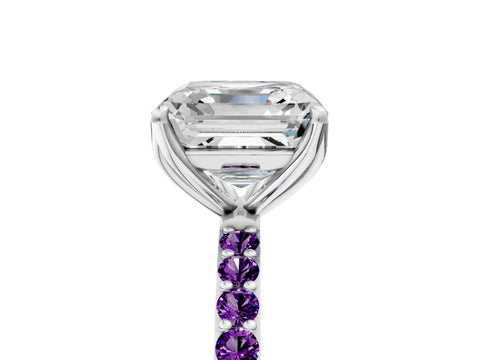 White gold Asscher Cut Diamond Solitaire Engagement Ring with Round with Amethyst side stone Pavé Band and Prong Setting_47