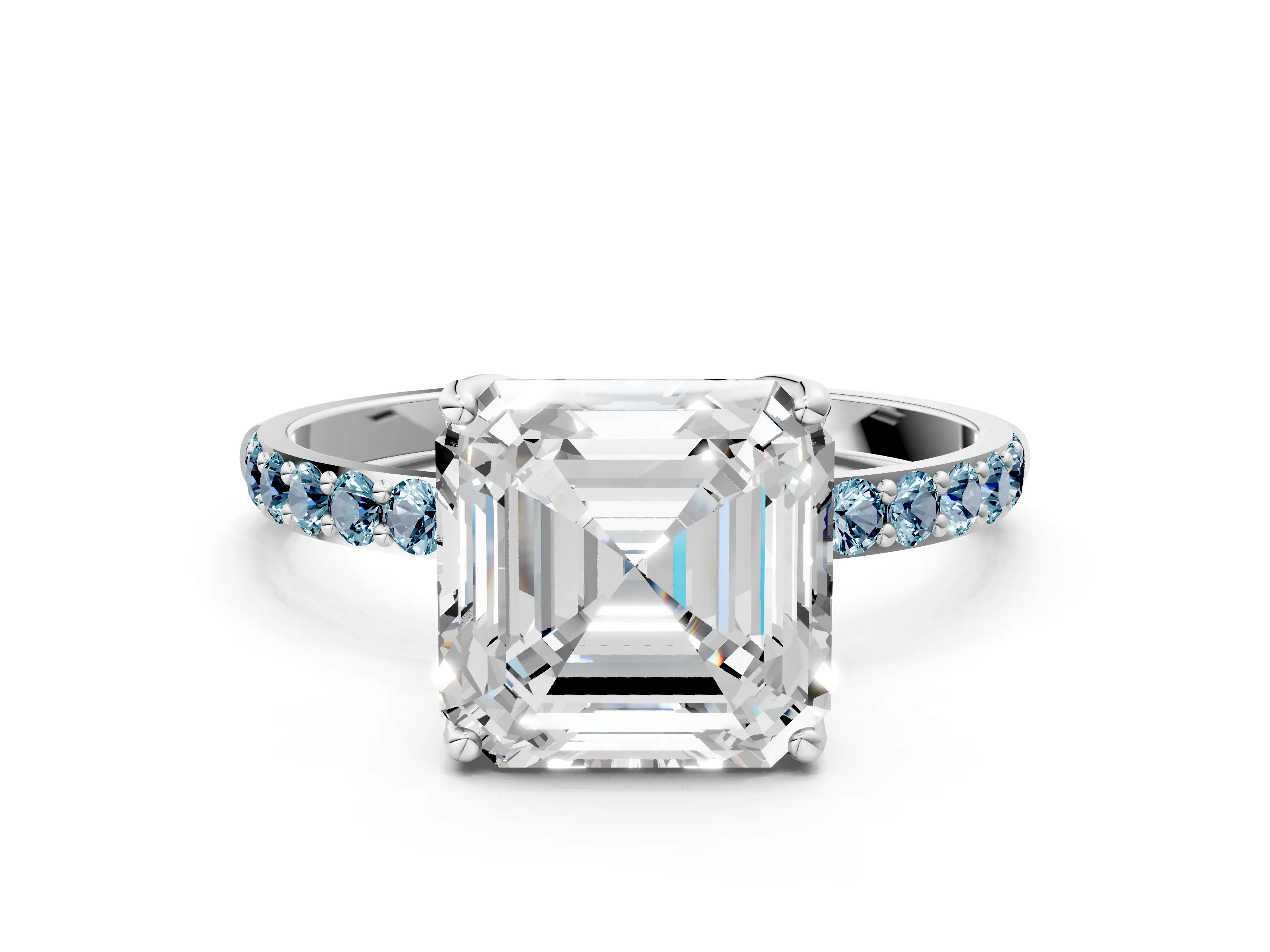 White gold Asscher Cut Diamond Solitaire Engagement Ring with Round with Aquamarine side stone Pavé Band and Prong Setting_35
