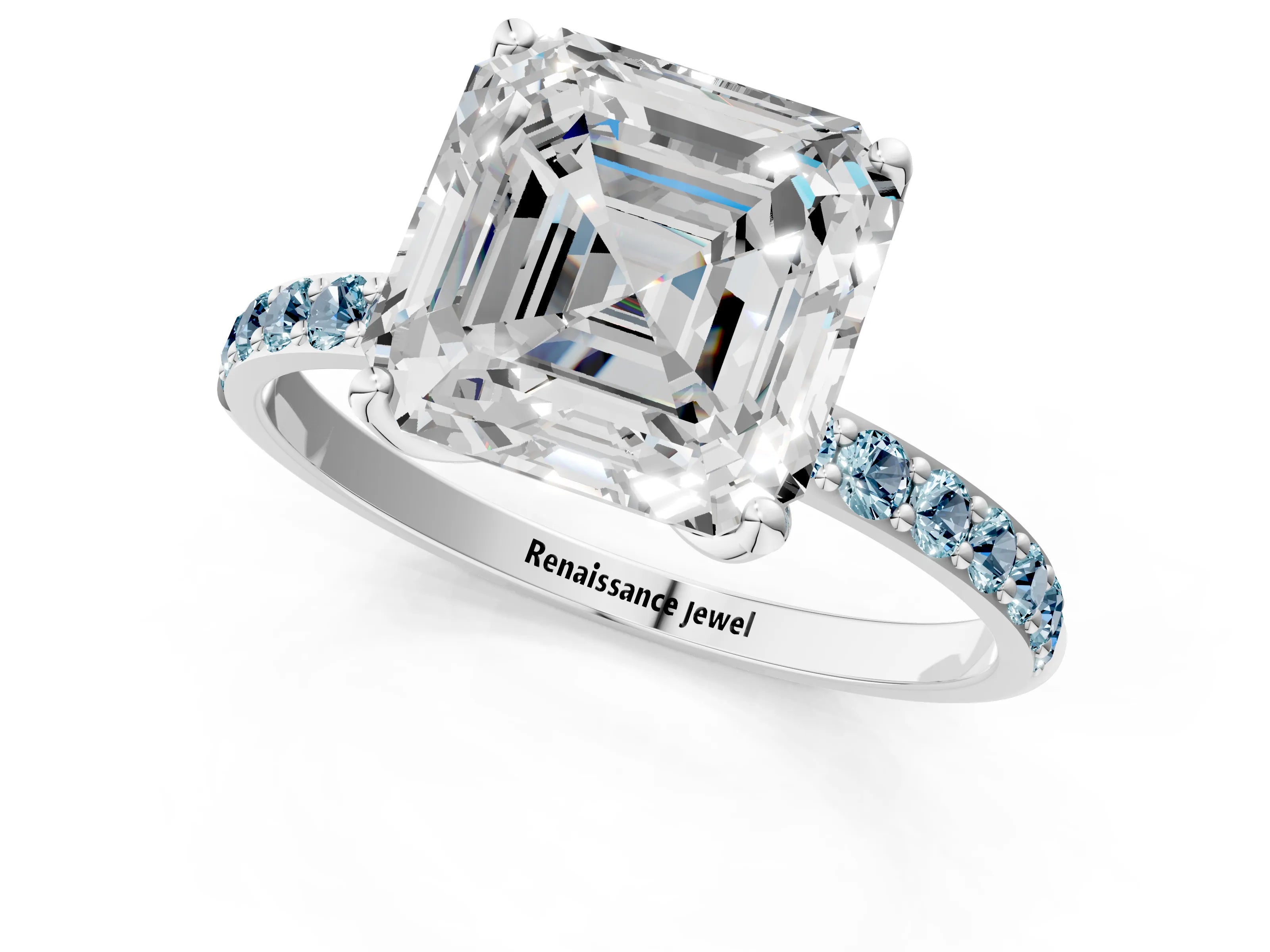 White gold Asscher Cut Diamond Solitaire Engagement Ring with Round with Aquamarine side stone Pavé Band and Prong Setting_36