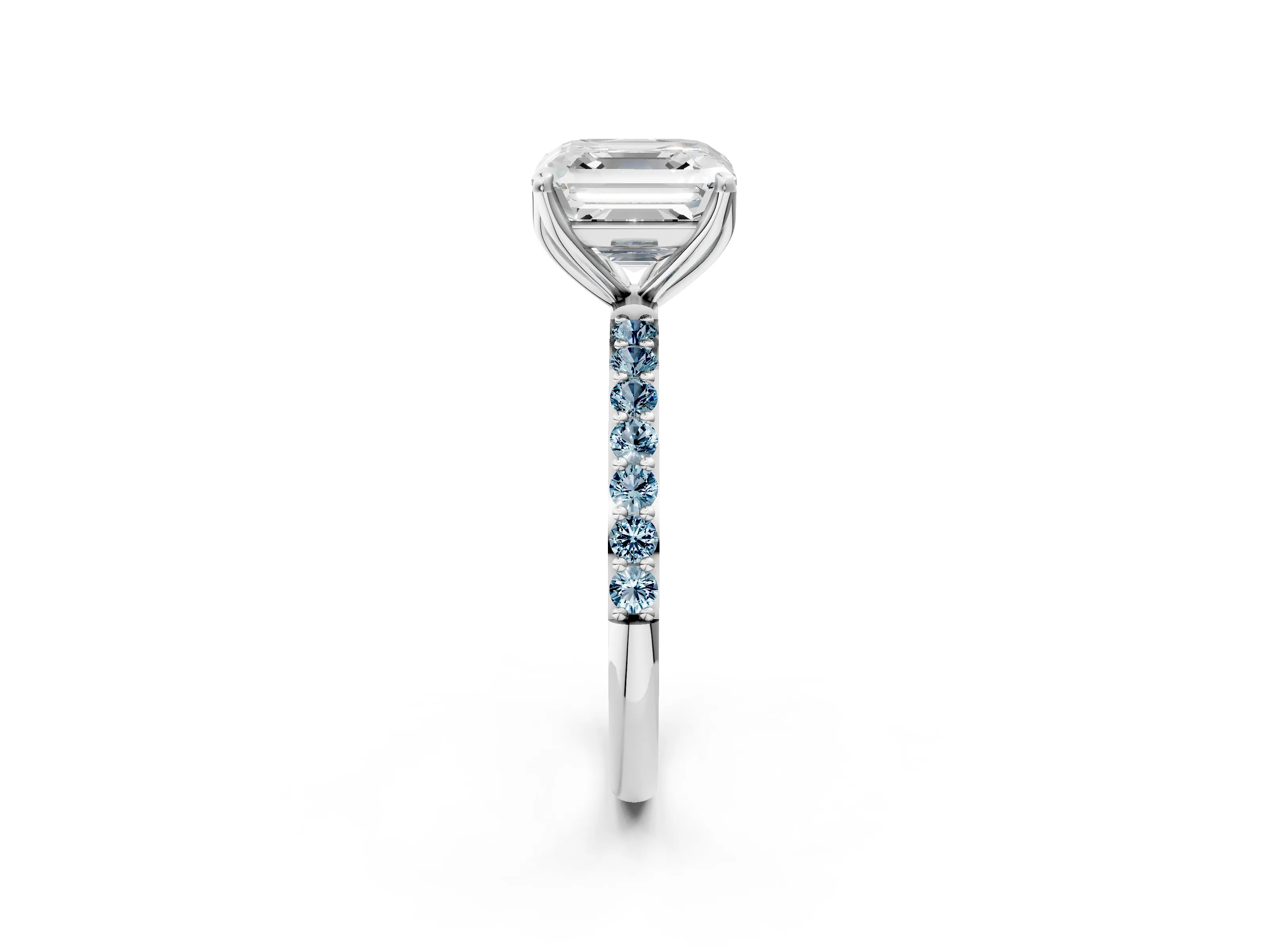 White gold Asscher Cut Diamond Solitaire Engagement Ring with Round with Aquamarine side stone Pavé Band and Prong Setting_37
