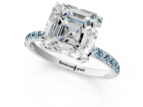White gold Asscher Cut Diamond Solitaire Engagement Ring with Round with Aquamarine side stone Pavé Band and Prong Setting_37