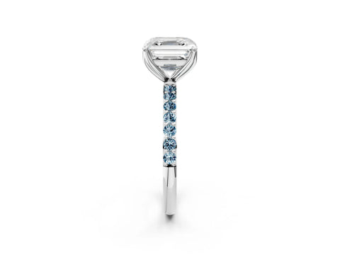 White gold Asscher Cut Diamond Solitaire Engagement Ring with Round with Aquamarine side stone Pavé Band and Prong Setting_38
