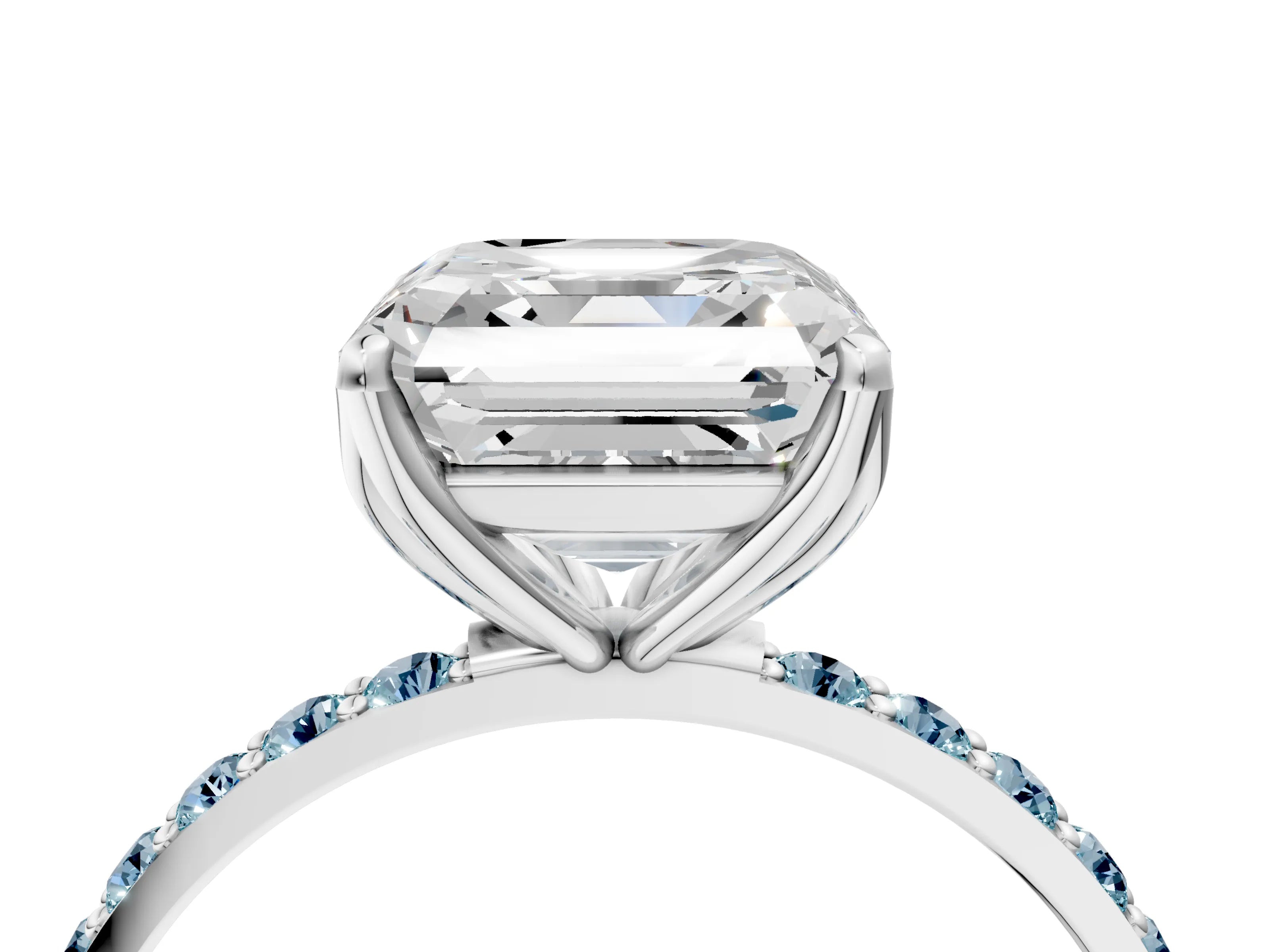 White gold Asscher Cut Diamond Solitaire Engagement Ring with Round with Aquamarine side stone Pavé Band and Prong Setting_40