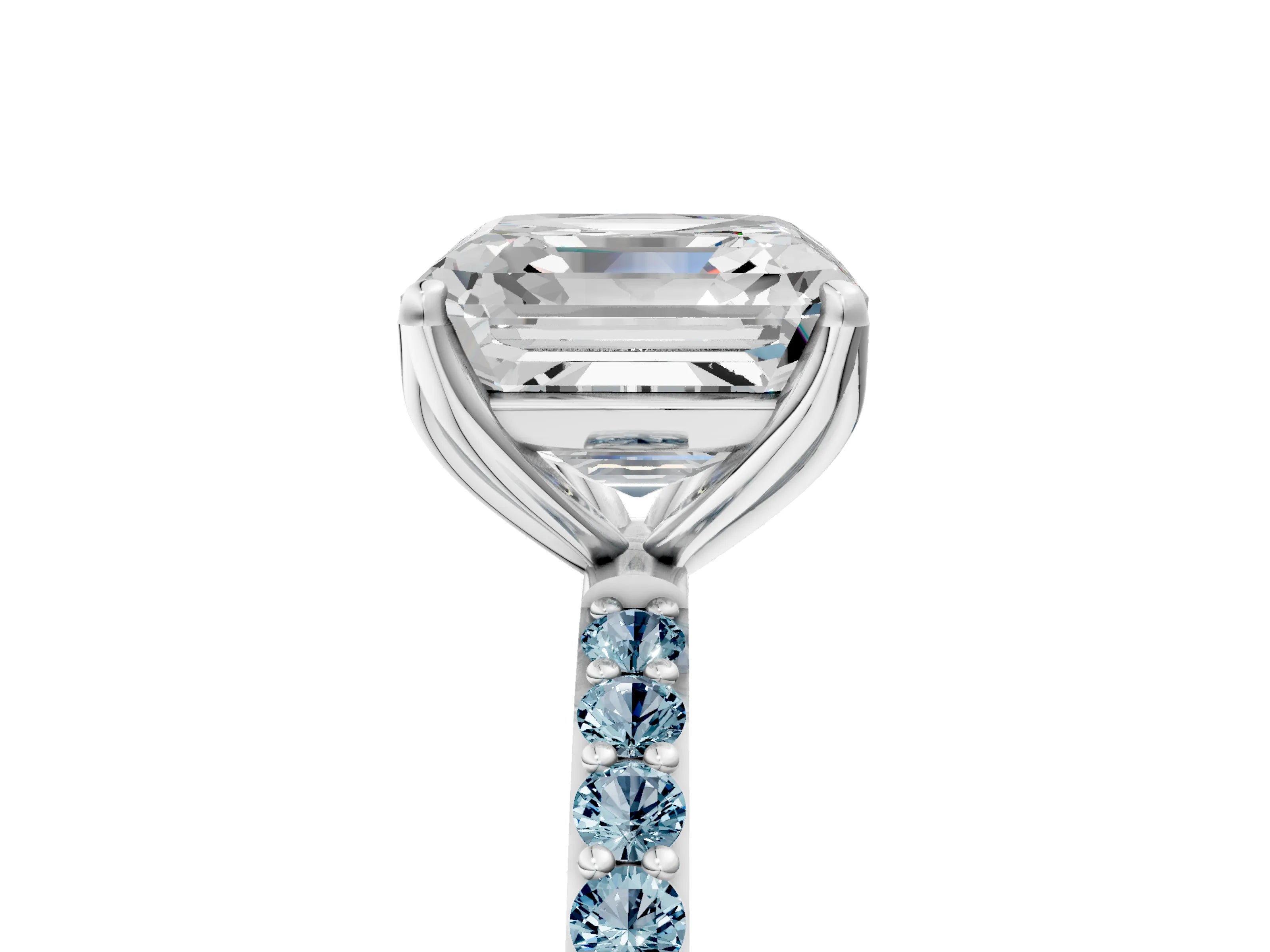 White gold Asscher Cut Diamond Solitaire Engagement Ring with Round with Aquamarine side stone Pavé Band and Prong Setting_47
