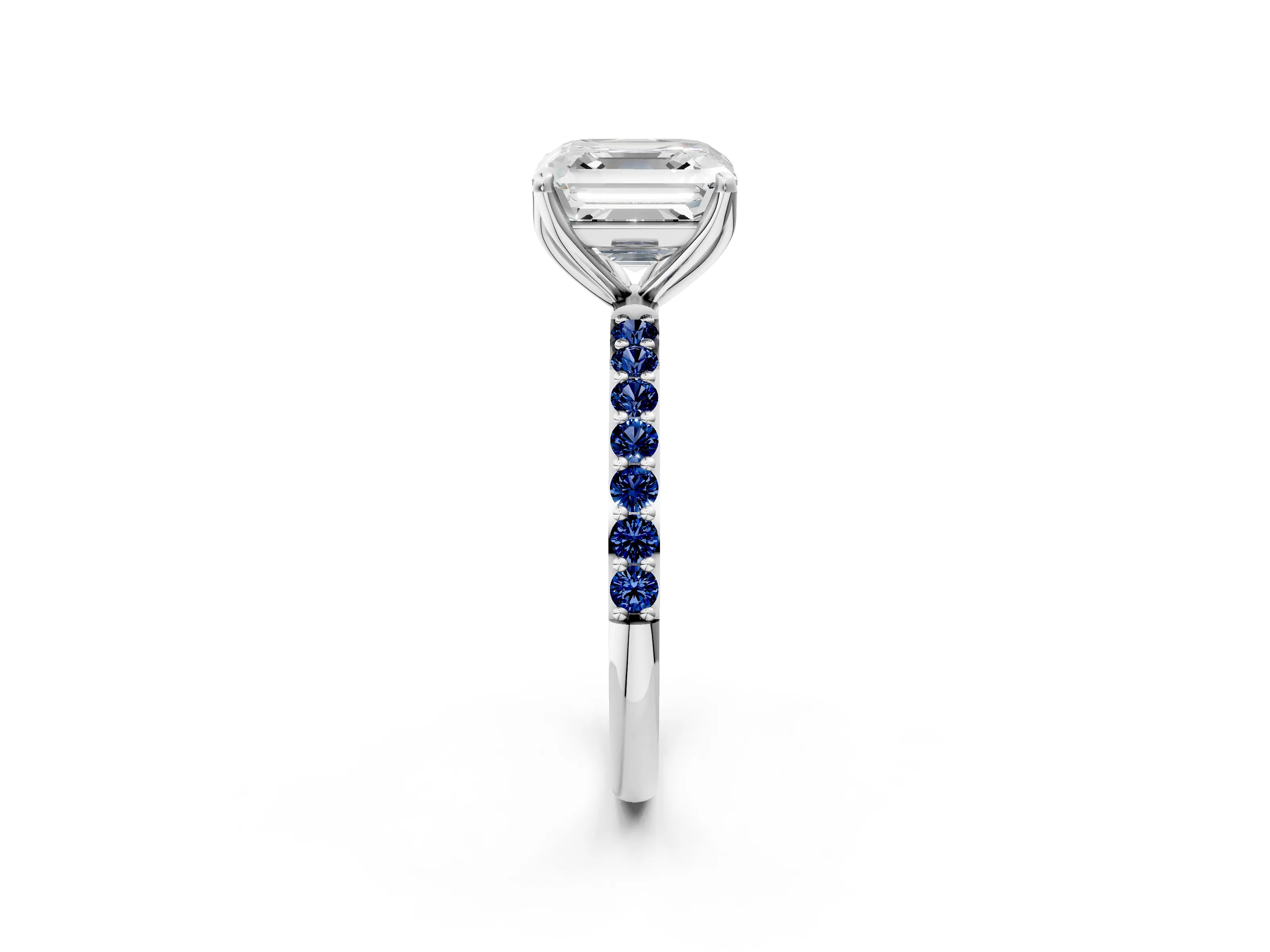 White gold Asscher Cut Diamond Solitaire Engagement Ring with Round with Blue Sapphire side stone Pavé Band and Prong Setting_38