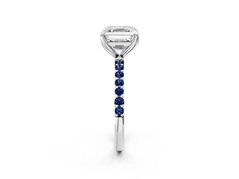 White gold Asscher Cut Diamond Solitaire Engagement Ring with Round with Blue Sapphire side stone Pavé Band and Prong Setting_38