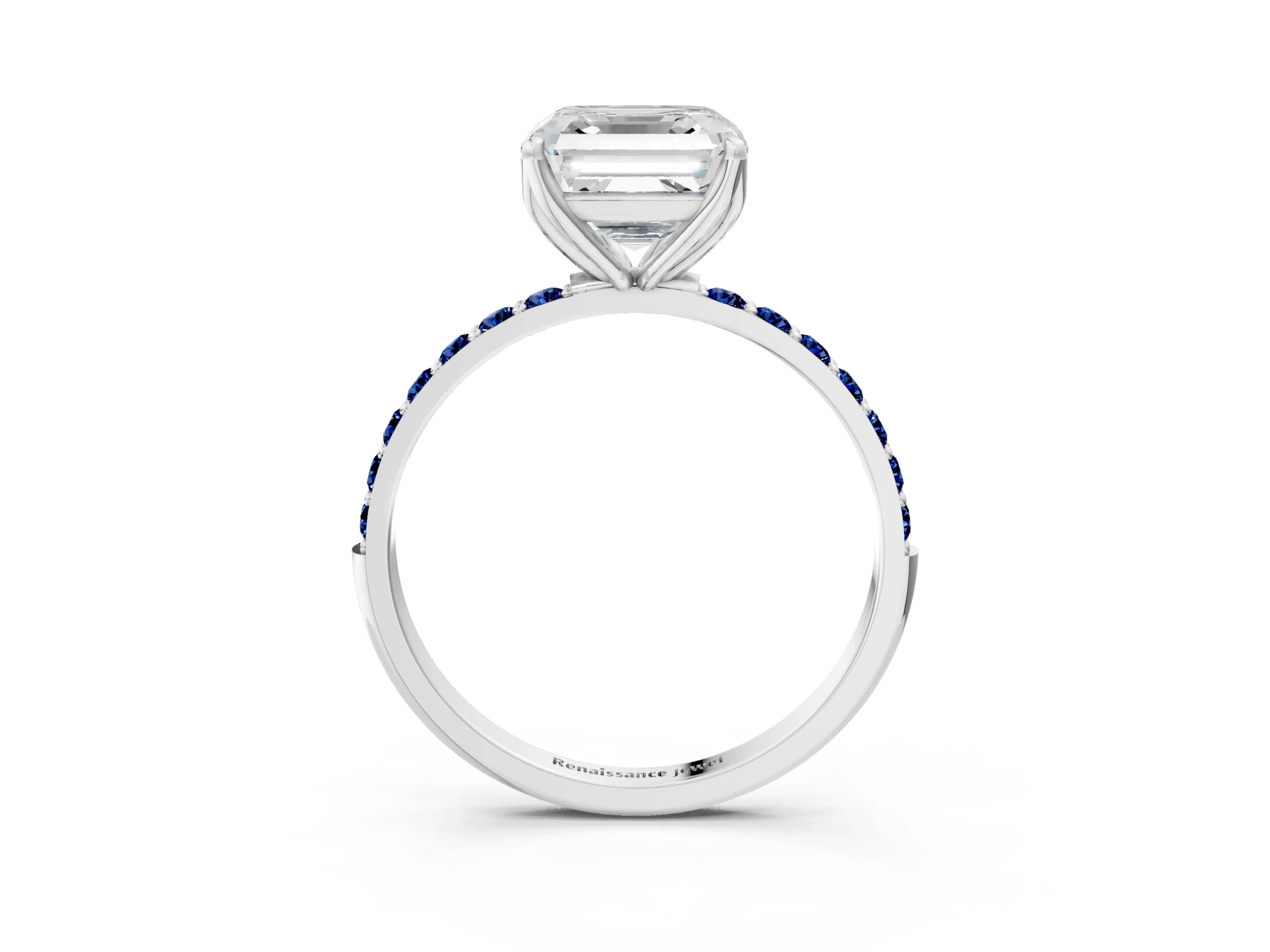 White gold Asscher Cut Diamond Solitaire Engagement Ring with Round with Blue Sapphire side stone Pavé Band and Prong Setting_39