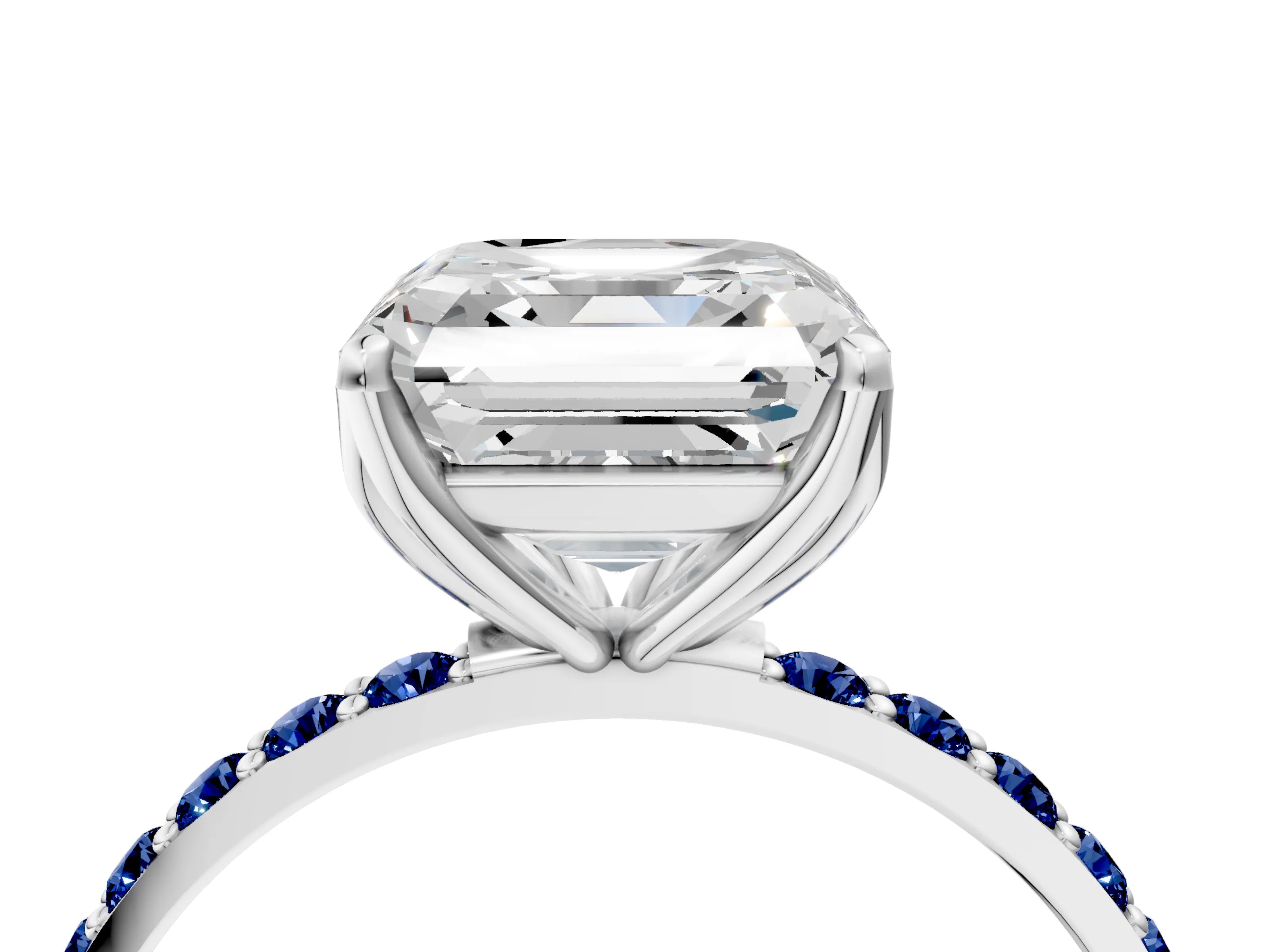 White gold Asscher Cut Diamond Solitaire Engagement Ring with Round with Blue Sapphire side stone Pavé Band and Prong Setting_40