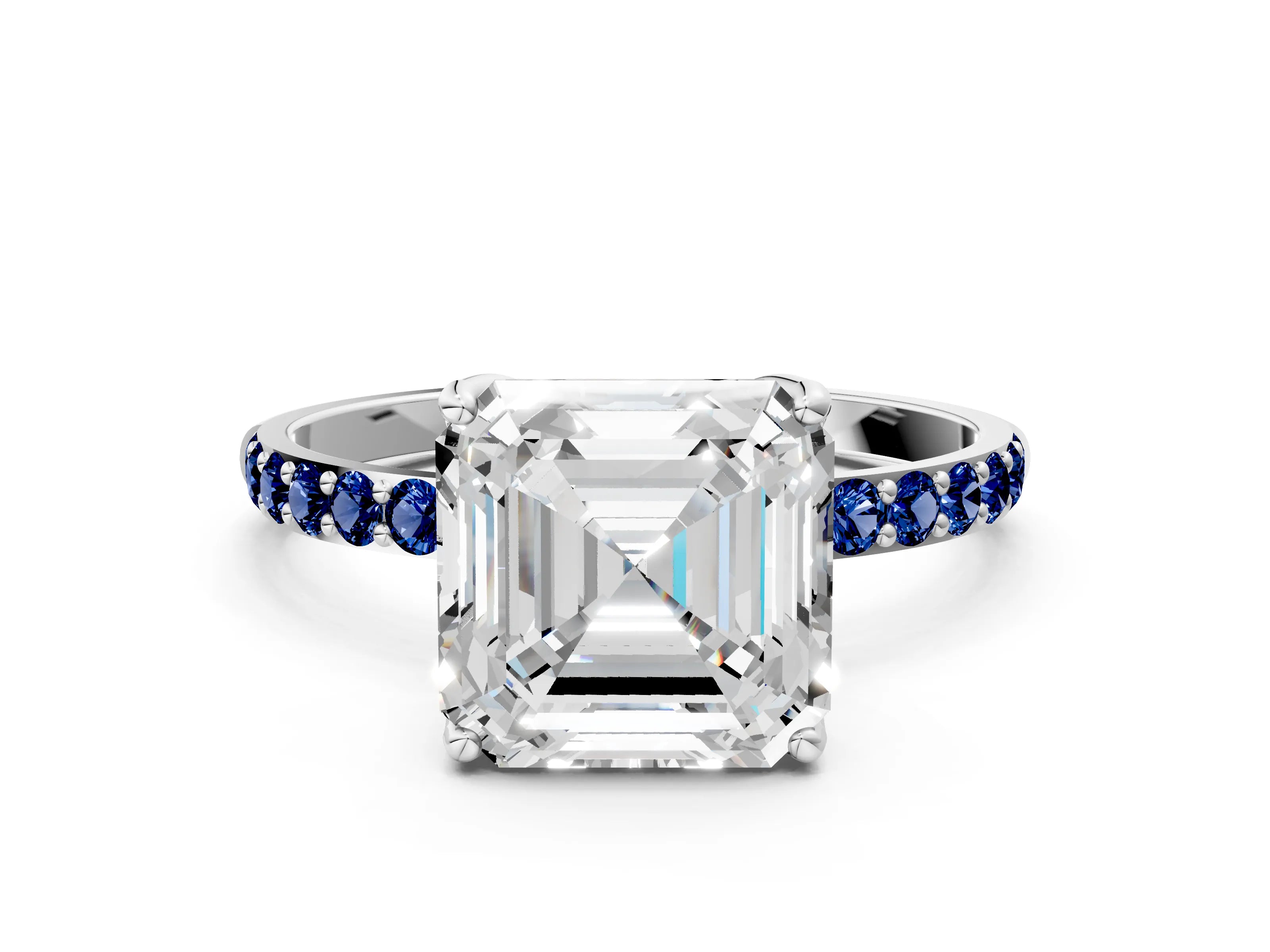 White gold Asscher Cut Diamond Solitaire Engagement Ring with Round with Blue Sapphire side stone Pavé Band and Prong Setting_42