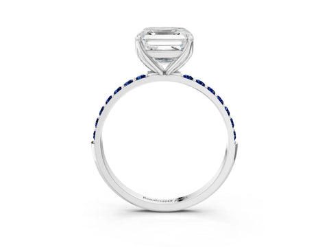 White gold Asscher Cut Diamond Solitaire Engagement Ring with Round with Blue Sapphire side stone Pavé Band and Prong Setting_45
