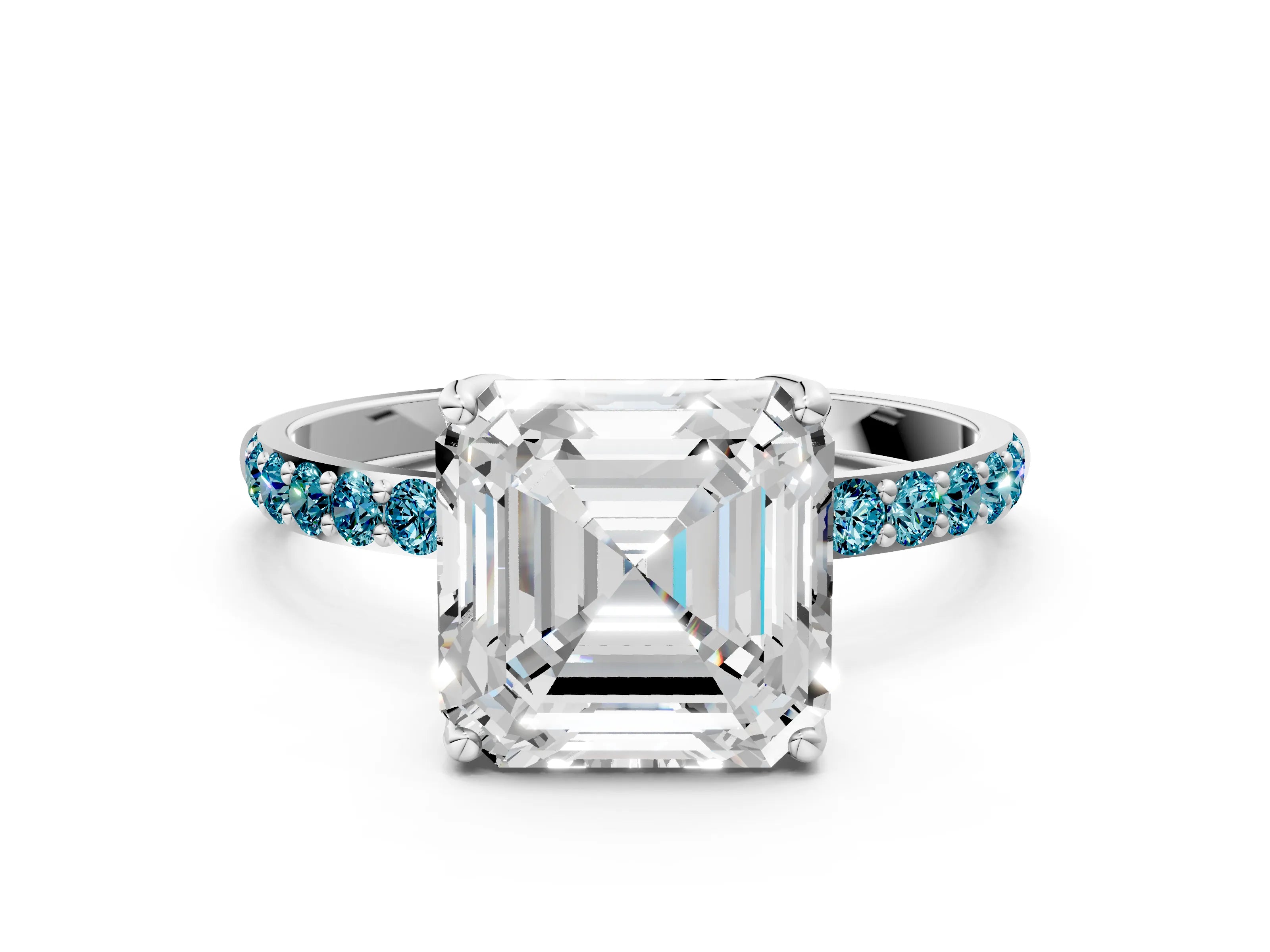 White gold Asscher Cut Diamond Solitaire Engagement Ring with Round with Blue Topaz side stone Pavé Band and Prong Setting_12