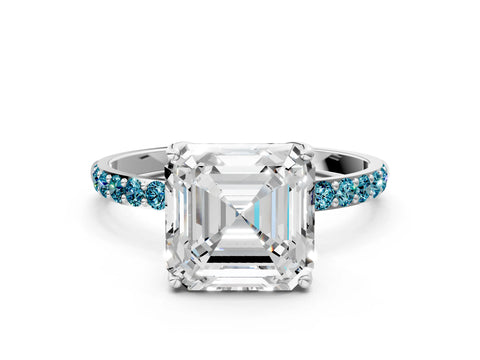 White gold Asscher Cut Diamond Solitaire Engagement Ring with Round with Blue Topaz side stone Pavé Band and Prong Setting_12