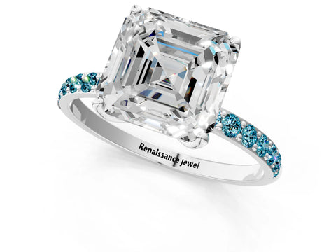 White gold Asscher Cut Diamond Solitaire Engagement Ring with Round with Blue Topaz side stone Pavé Band and Prong Setting_13