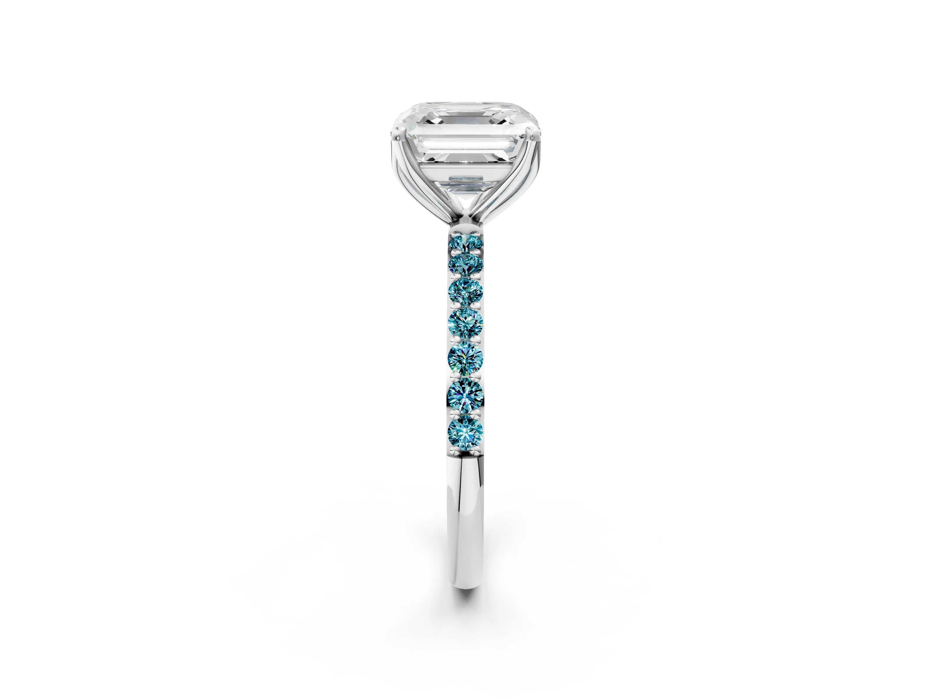 White gold Asscher Cut Diamond Solitaire Engagement Ring with Round with Blue Topaz side stone Pavé Band and Prong Setting_14
