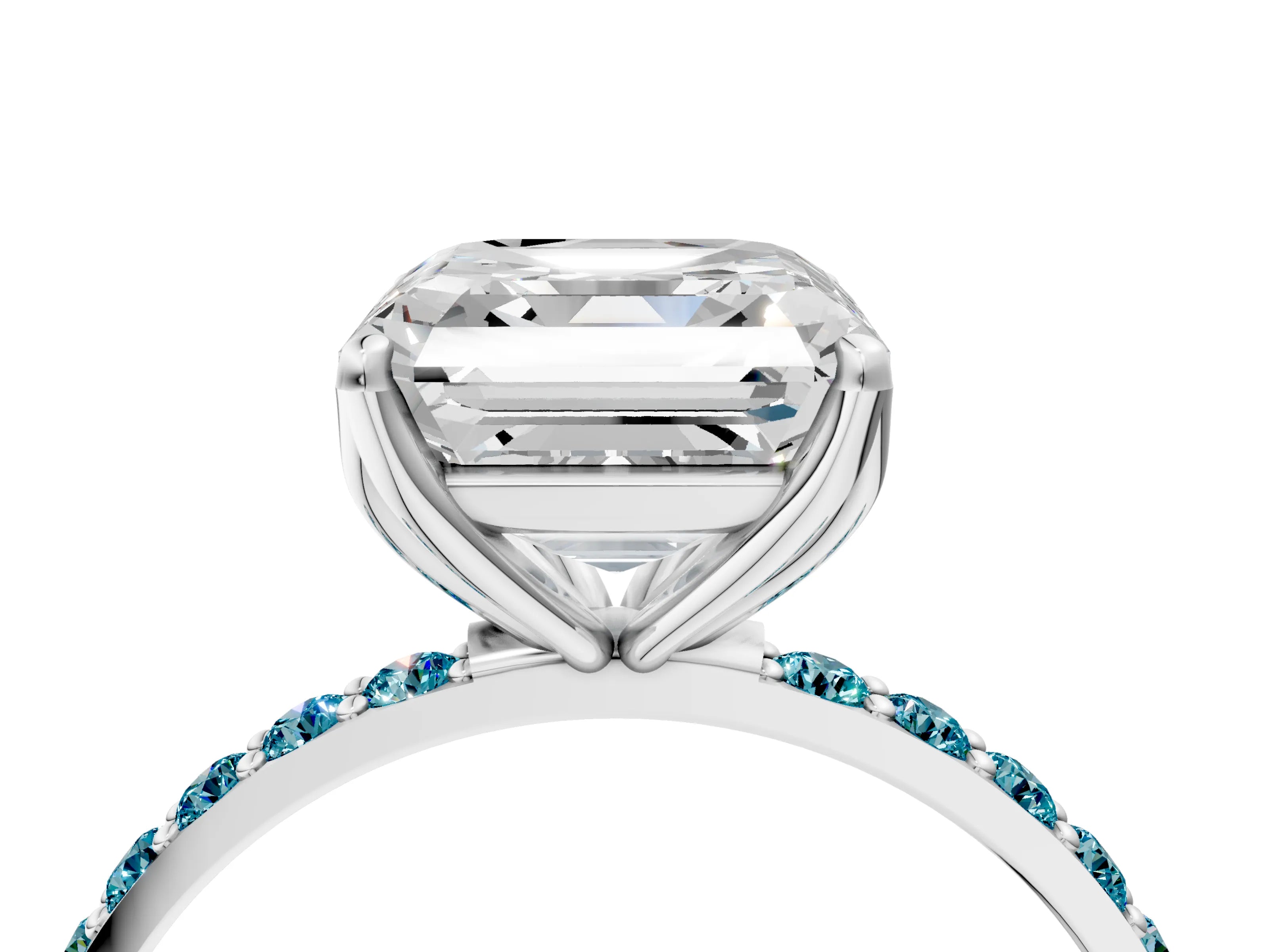 White gold Asscher Cut Diamond Solitaire Engagement Ring with Round with Blue Topaz side stone Pavé Band and Prong Setting_16