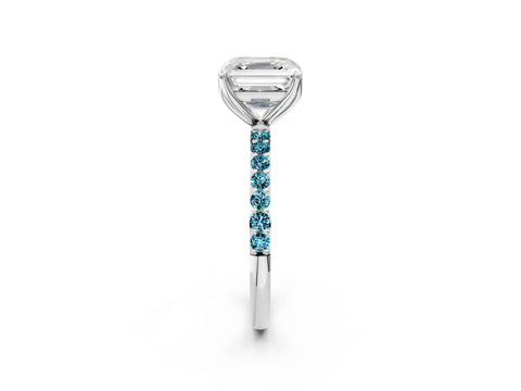 White gold Asscher Cut Diamond Solitaire Engagement Ring with Round with Blue Topaz side stone Pavé Band and Prong Setting_26