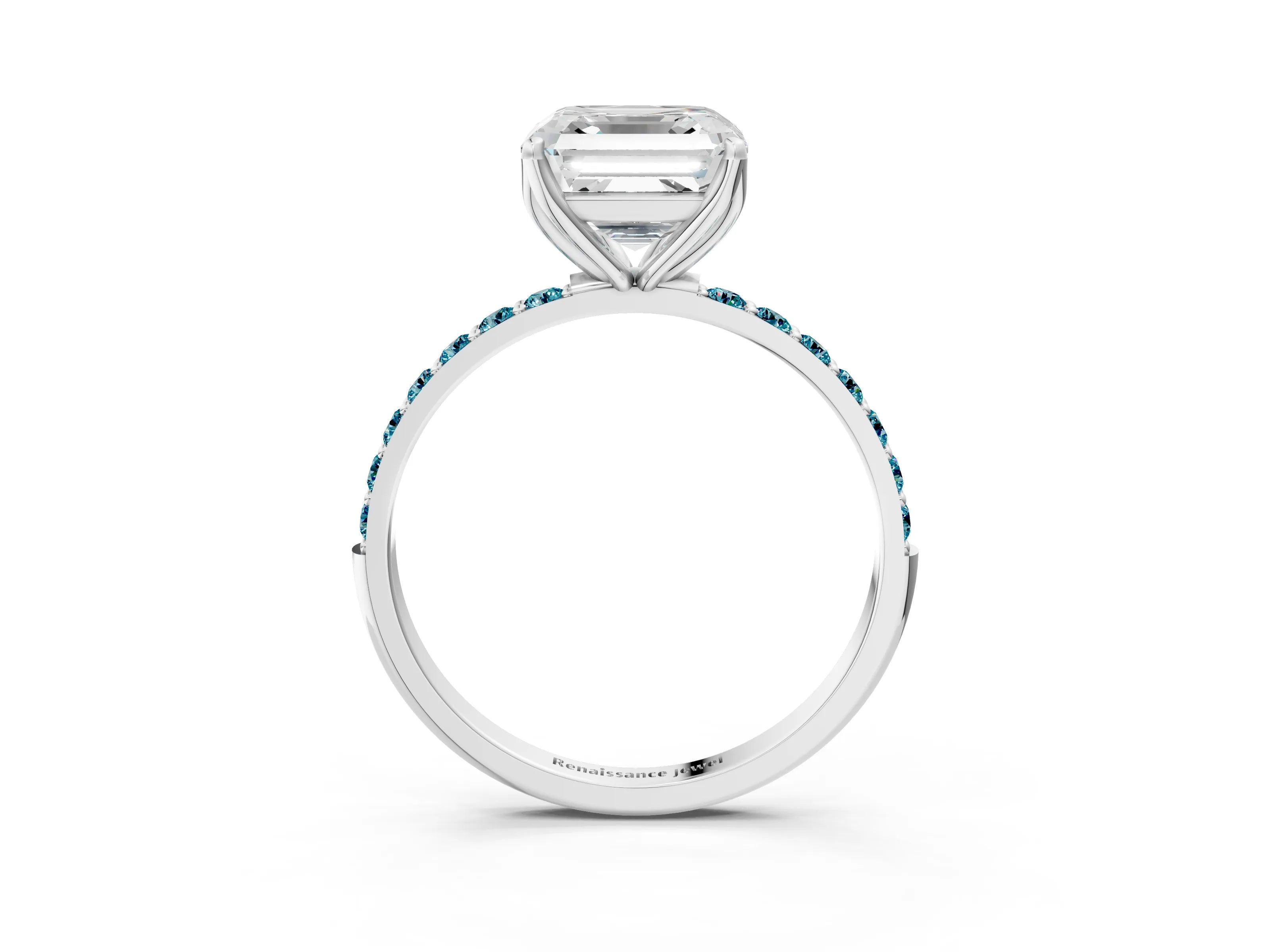 White gold Asscher Cut Diamond Solitaire Engagement Ring with Round with Blue Topaz side stone Pavé Band and Prong Setting_27