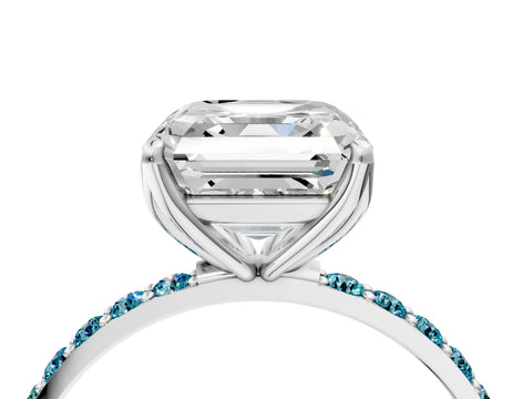 White gold Asscher Cut Diamond Solitaire Engagement Ring with Round with Blue Topaz side stone Pavé Band and Prong Setting_28