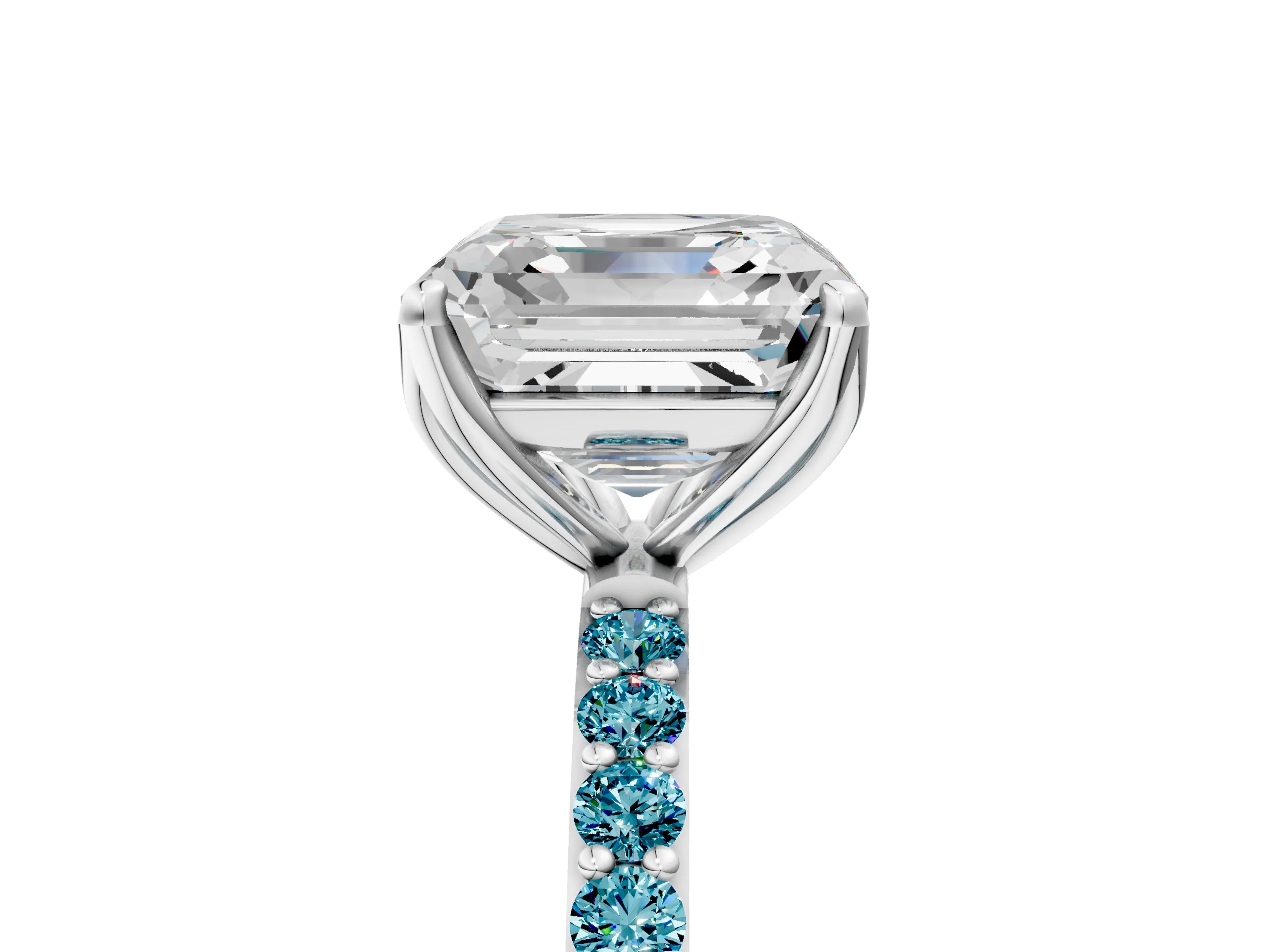 White gold Asscher Cut Diamond Solitaire Engagement Ring with Round with Blue Topaz side stone Pavé Band and Prong Setting_29