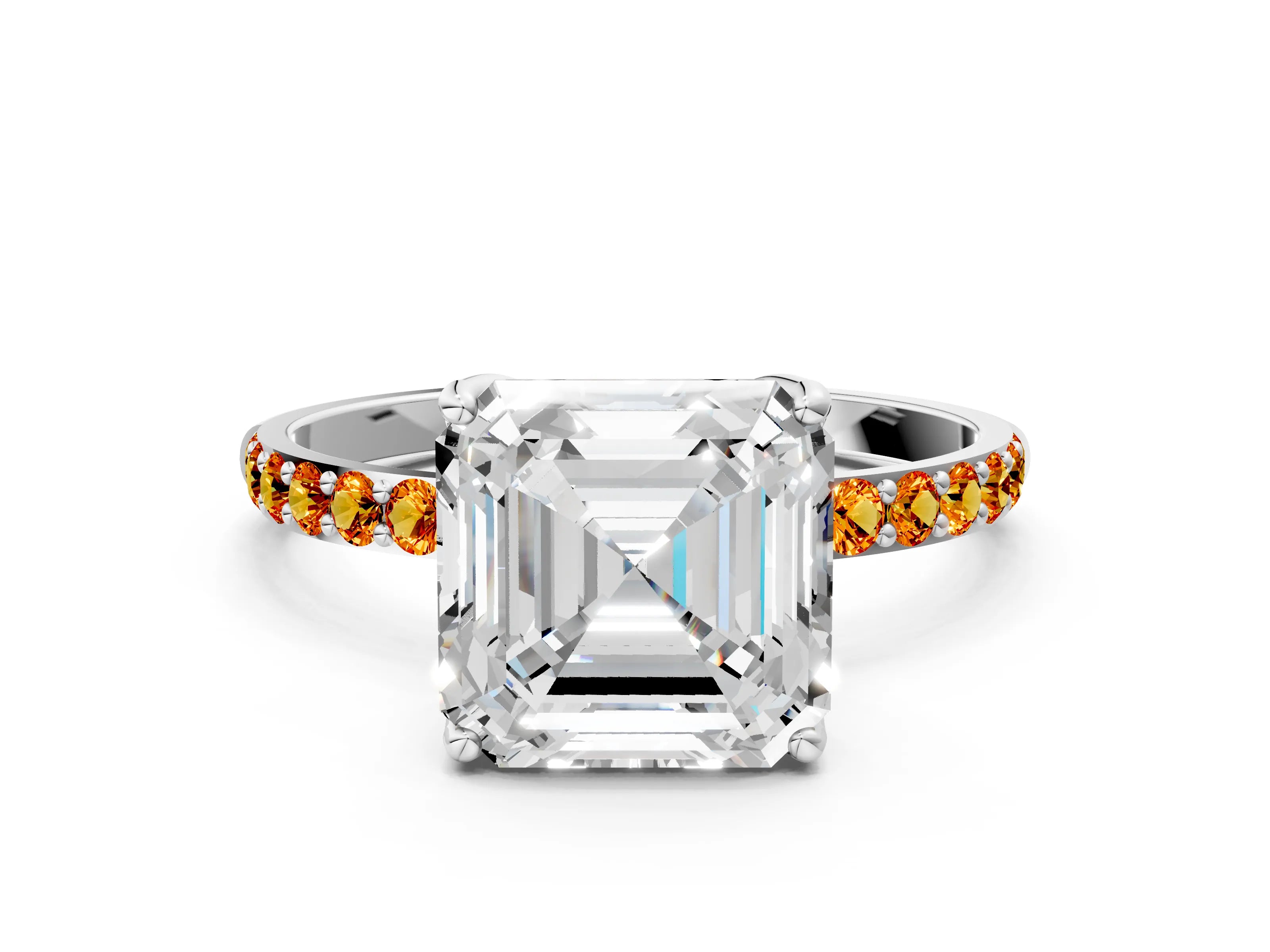 White gold Asscher Cut Diamond Solitaire Engagement Ring with Round with Citrine side stone Pavé Band and Prong Setting_12