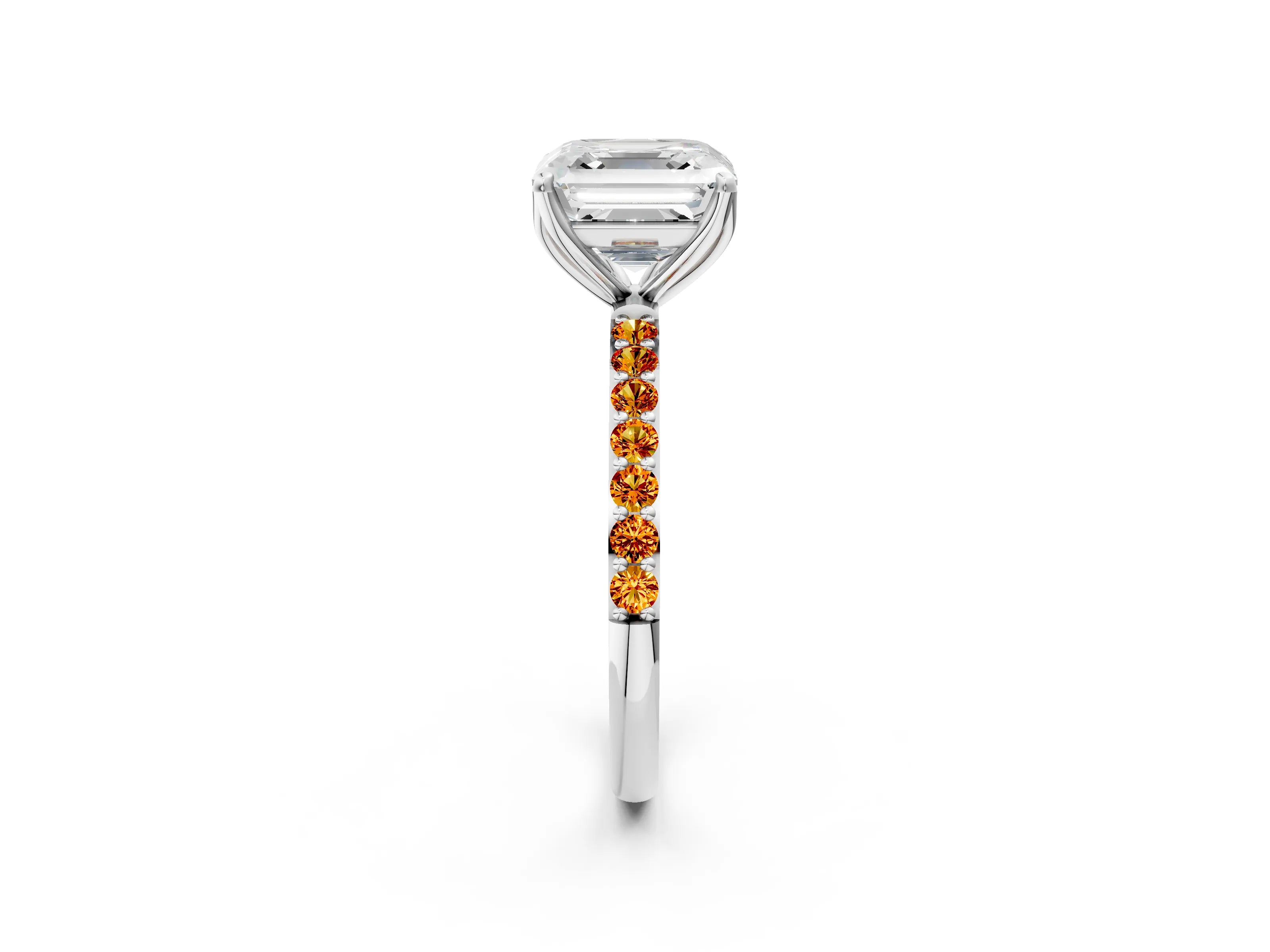 White gold Asscher Cut Diamond Solitaire Engagement Ring with Round with Citrine side stone Pavé Band and Prong Setting_14
