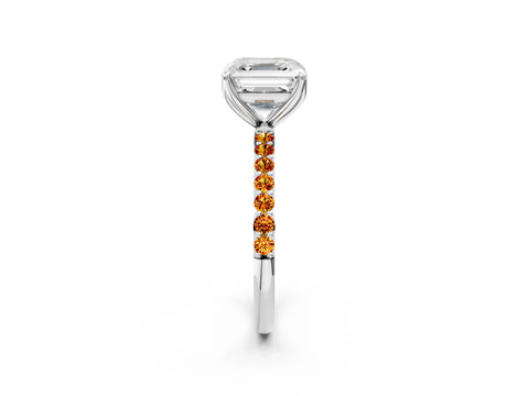 White gold Asscher Cut Diamond Solitaire Engagement Ring with Round with Citrine side stone Pavé Band and Prong Setting_14