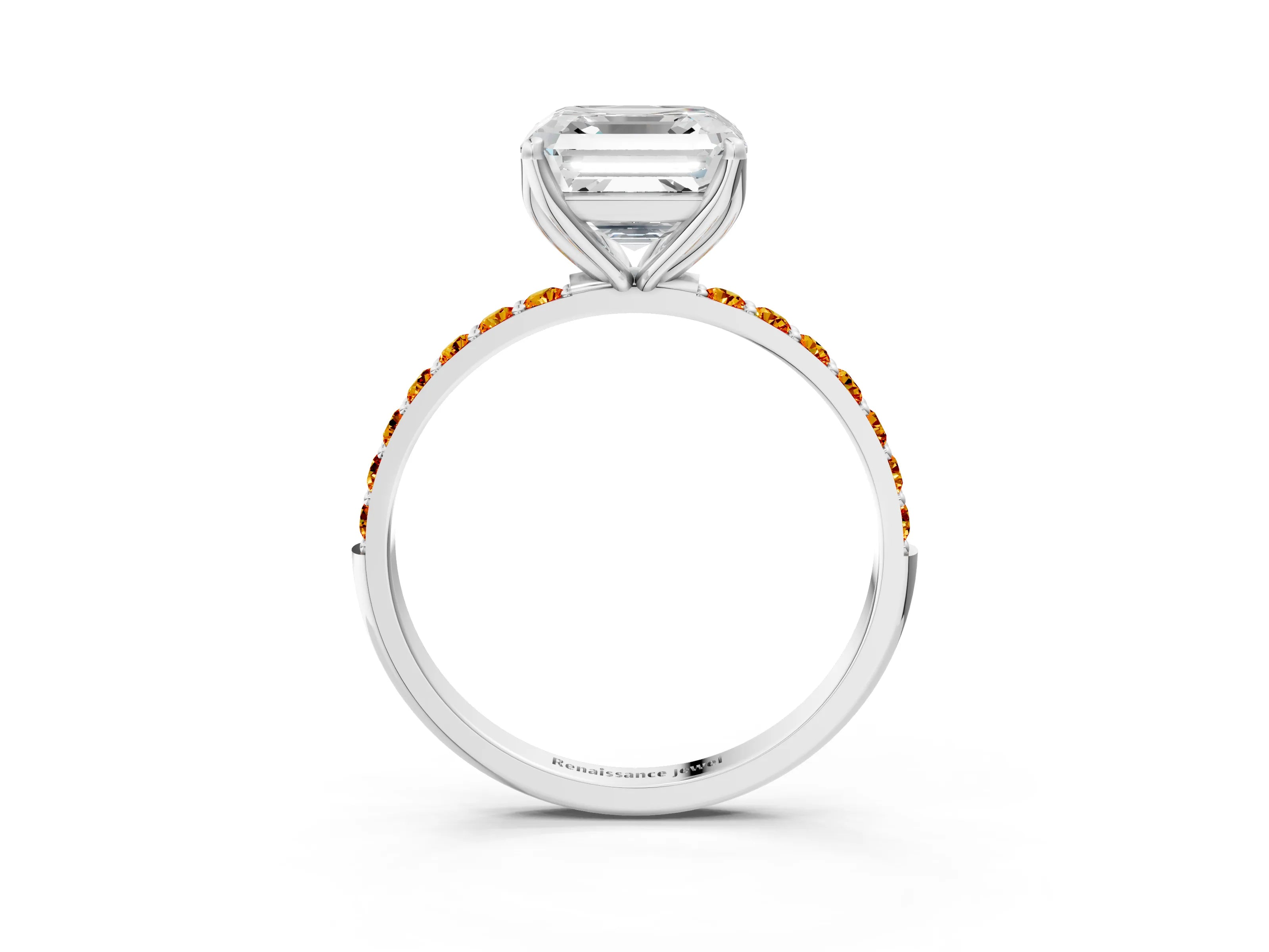 White gold Asscher Cut Diamond Solitaire Engagement Ring with Round with Citrine side stone Pavé Band and Prong Setting_15