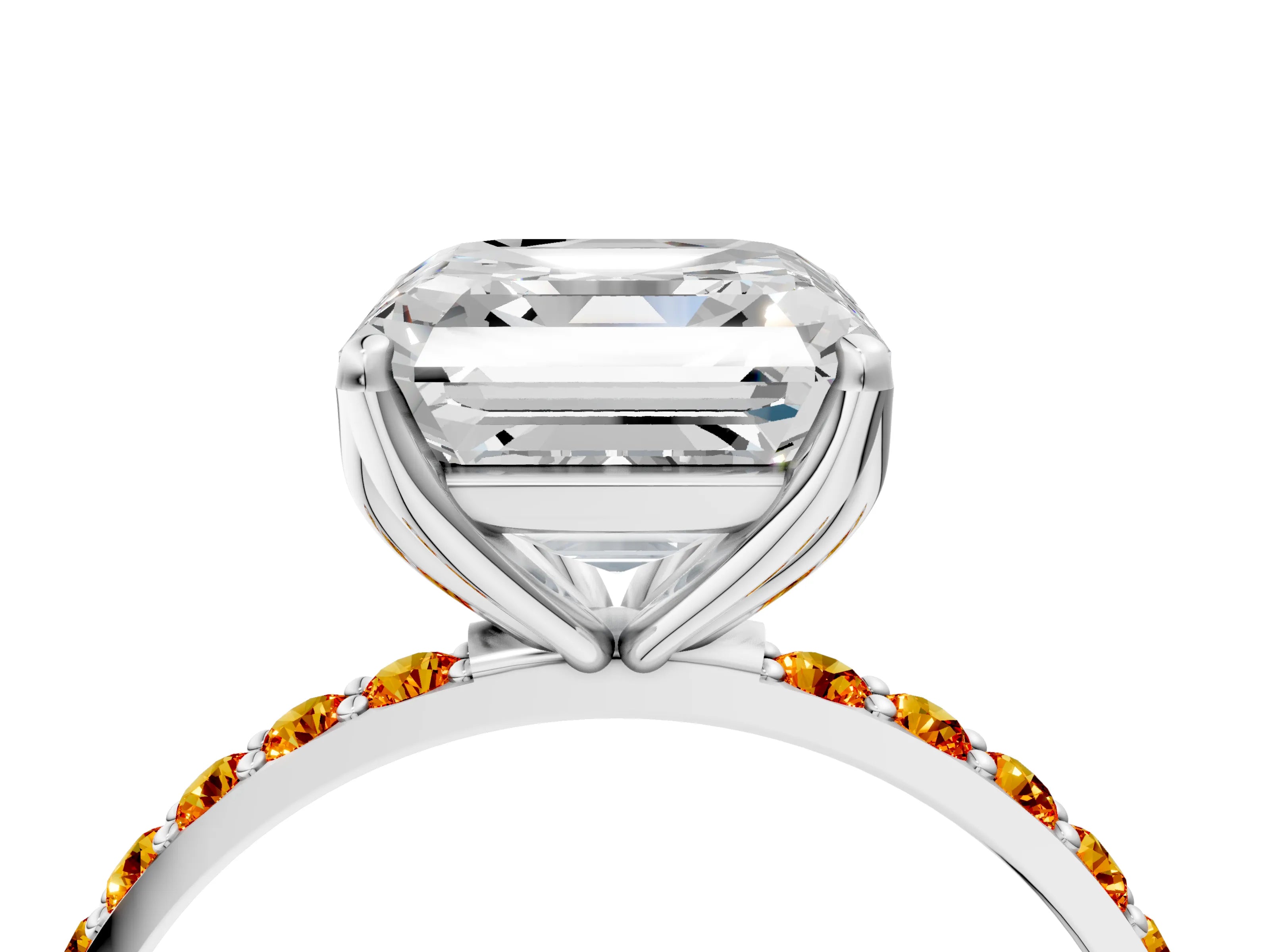 White gold Asscher Cut Diamond Solitaire Engagement Ring with Round with Citrine side stone Pavé Band and Prong Setting_16