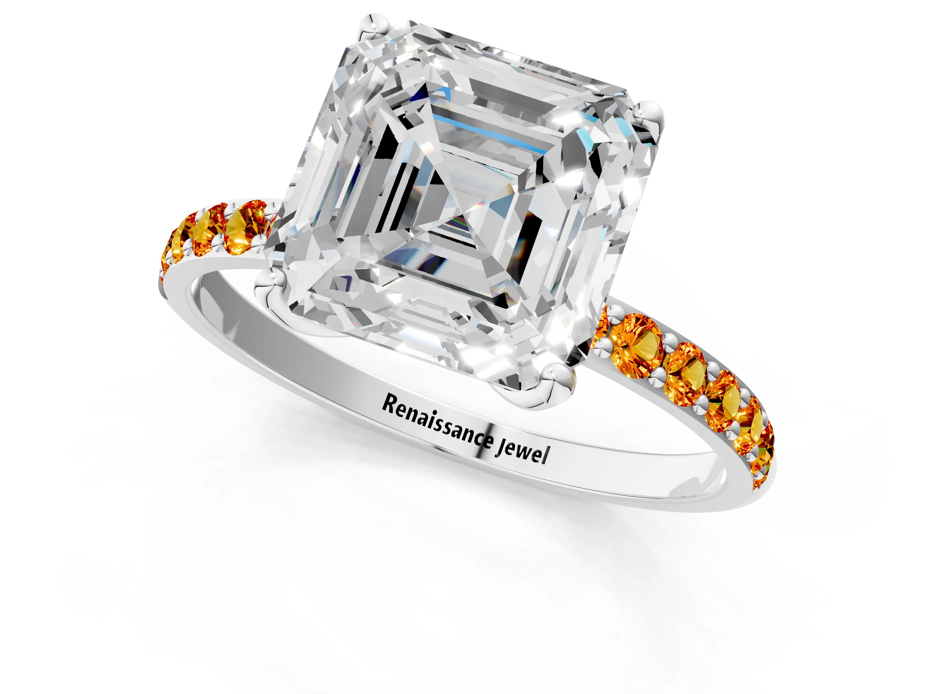 White gold Asscher Cut Diamond Solitaire Engagement Ring with Round with Citrine side stone Pavé Band and Prong Setting_25