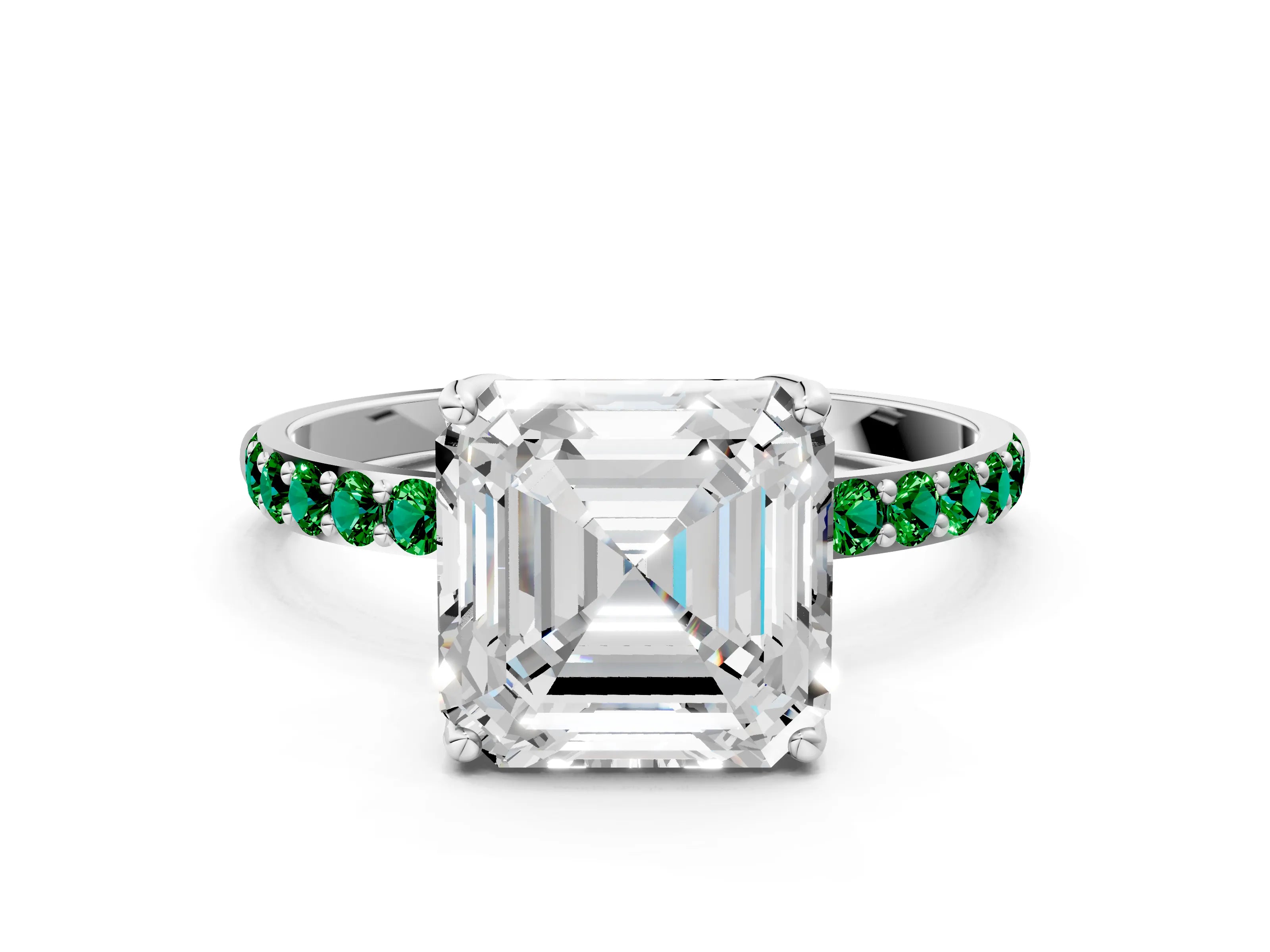 White gold Asscher Cut Diamond Solitaire Engagement Ring with Round with Emerald side stone Pavé Band and Prong Setting_36