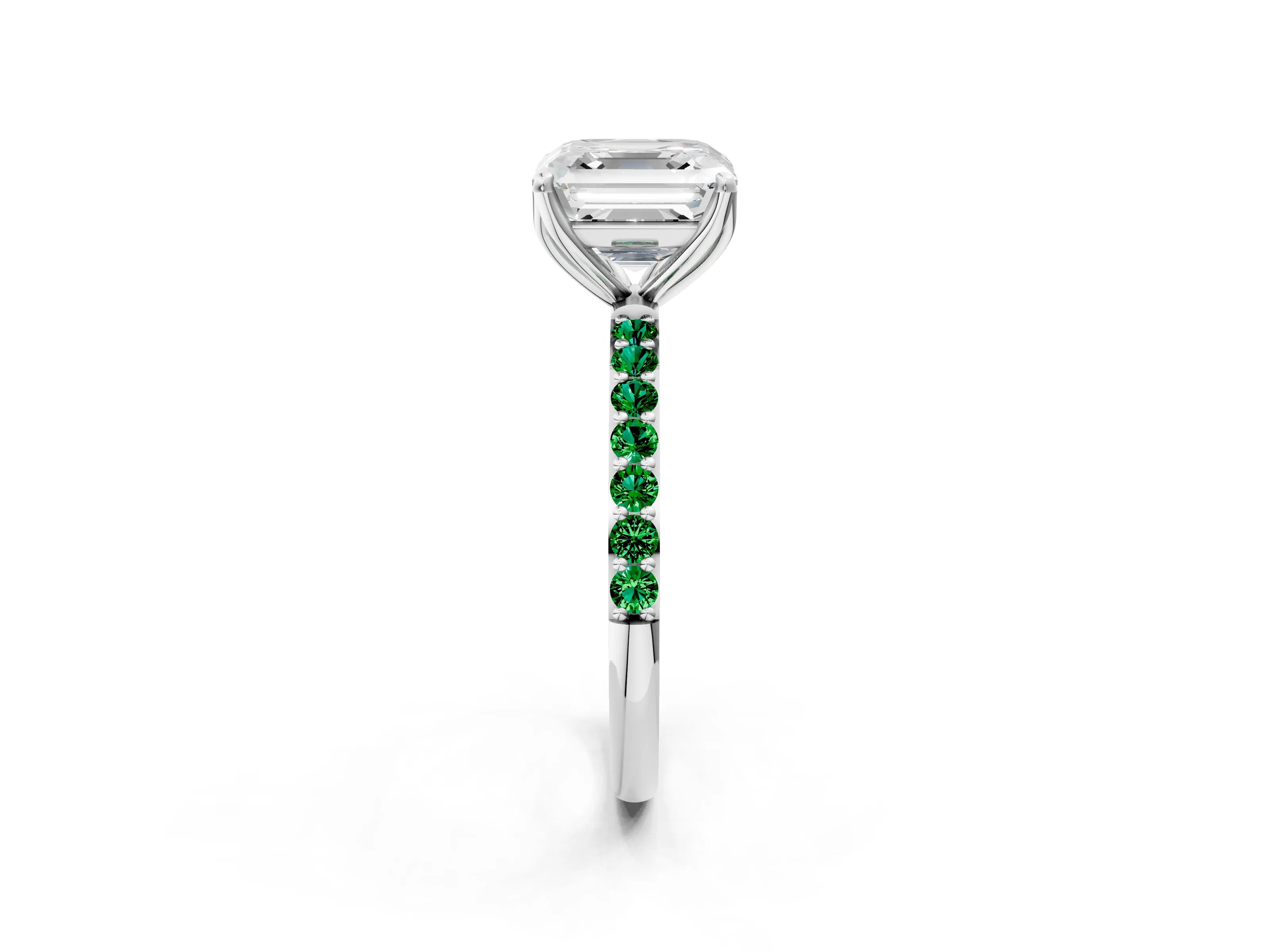 White gold Asscher Cut Diamond Solitaire Engagement Ring with Round with Emerald side stone Pavé Band and Prong Setting_38