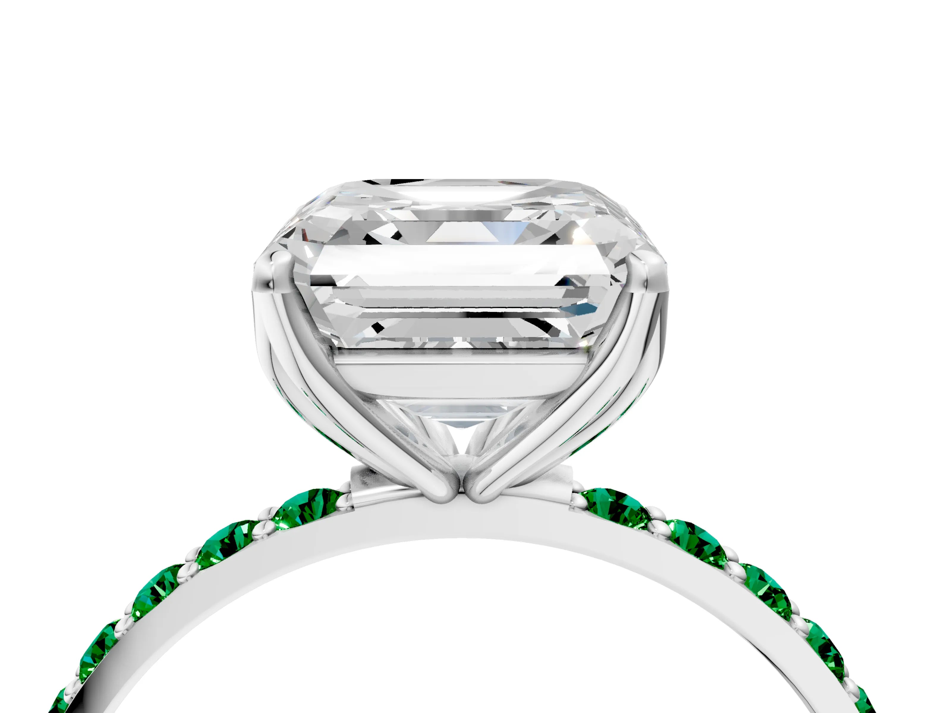 White gold Asscher Cut Diamond Solitaire Engagement Ring with Round with Emerald side stone Pavé Band and Prong Setting_40
