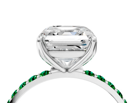 White gold Asscher Cut Diamond Solitaire Engagement Ring with Round with Emerald side stone Pavé Band and Prong Setting_40