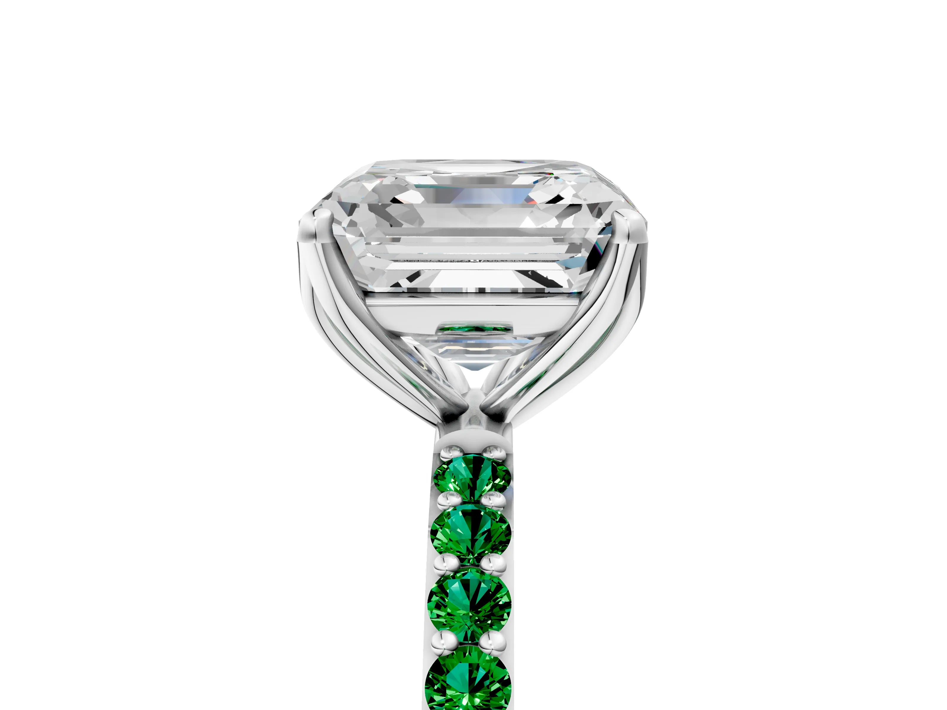 White gold Asscher Cut Diamond Solitaire Engagement Ring with Round with Emerald side stone Pavé Band and Prong Setting_41