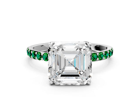 White gold Asscher Cut Diamond Solitaire Engagement Ring with Round with Emerald side stone Pavé Band and Prong Setting_42