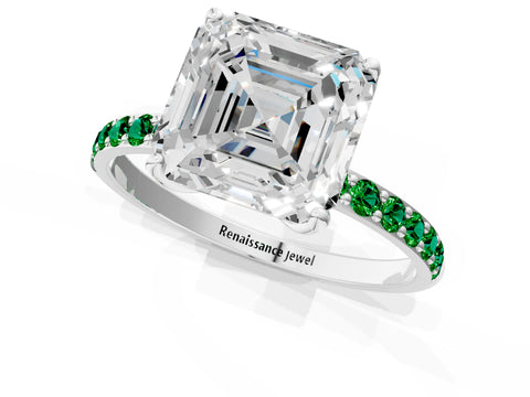 White gold Asscher Cut Diamond Solitaire Engagement Ring with Round with Emerald side stone Pavé Band and Prong Setting_43